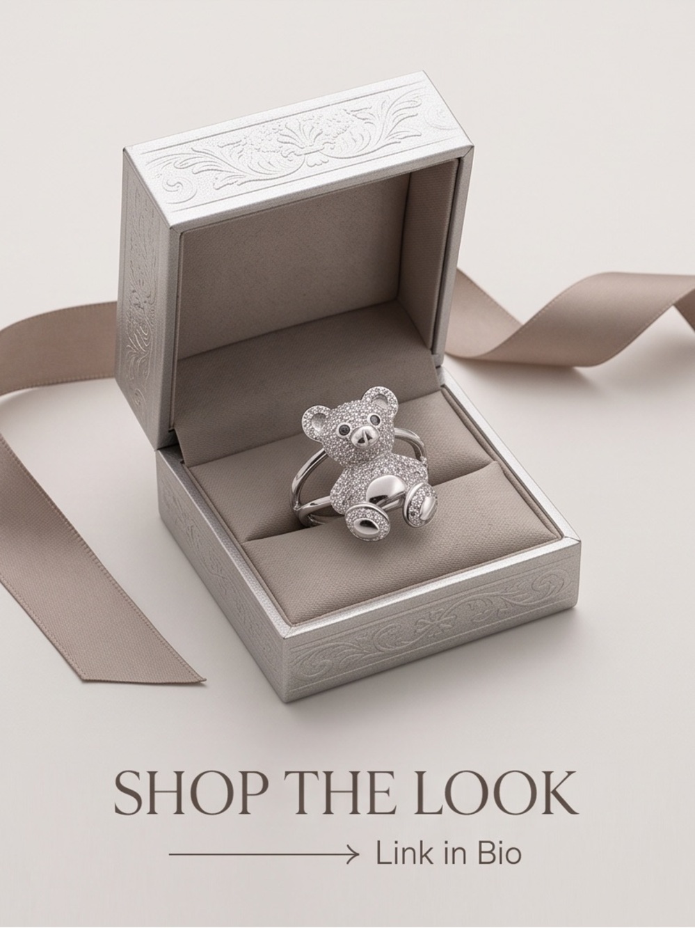Sterling Silver Moissanite Teddy Bear Ring - Picture 2 of 4